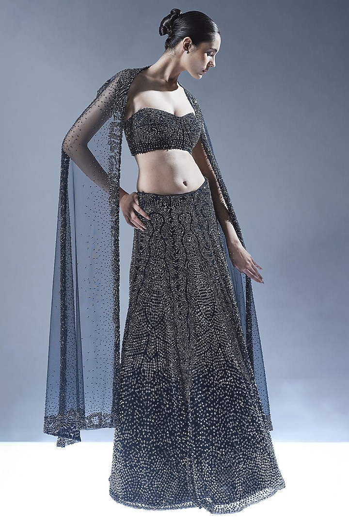 Midnight Black Tulle Beads Embellished Bridal Lehenga Set by Rohit Gandhi & Rahul Khanna at Pernia's Pop Up Shop