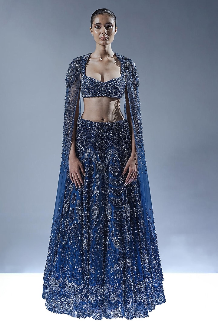 Marble Blue Tulle Bugle Beads Embellished Bridal Lehenga Set by Rohit Gandhi & Rahul Khanna at Pernia's Pop Up Shop