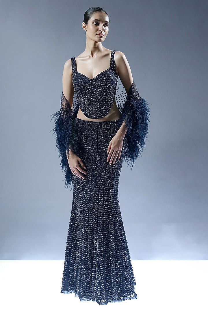 French Navy Tulle Bugle Beads Embellished Mermaid Bridal Lehenga Set by Rohit Gandhi & Rahul Khanna at Pernia's Pop Up Shop