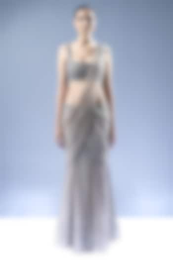 Steel Grey Tulle Sequins Embellished Pre-Stitched Bridal Saree Set by Rohit Gandhi & Rahul Khanna at Pernia's Pop Up Shop
