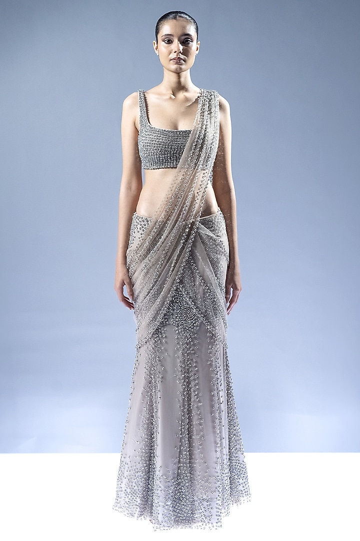 Steel Grey Tulle Sequins Embellished Pre-Stitched Bridal Saree Set by Rohit Gandhi & Rahul Khanna at Pernia's Pop Up Shop