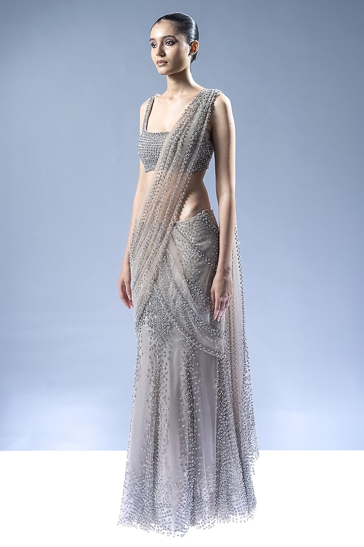 Steel Grey Tulle Sequins Embellished Pre-Stitched Bridal Saree Set by Rohit Gandhi & Rahul Khanna at Pernia's Pop Up Shop