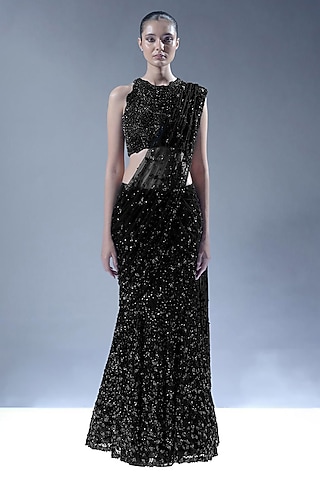 Black Tulle Embellished Pre-Stitched Saree Set by rohit gandhi & rahul khanna