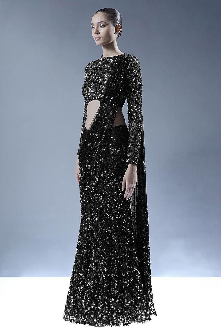 Black Tulle Sequins Embellished Pre-Stitched Bridal Saree Set by Rohit Gandhi & Rahul Khanna at Pernia's Pop Up Shop