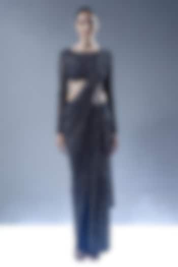 Midnight Blue Tulle Embellished Pre-Draped Bridal Saree Set by Rohit Gandhi & Rahul Khanna at Pernia's Pop Up Shop