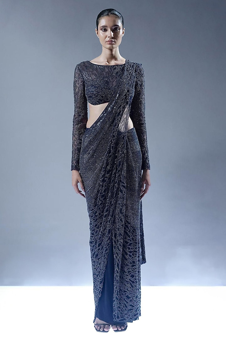Midnight Blue Tulle Embellished Pre-Draped Bridal Saree Set by Rohit Gandhi & Rahul Khanna at Pernia's Pop Up Shop