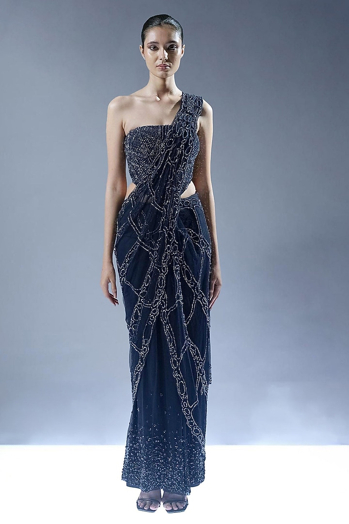 Navy Blue Tulle Embellished Pre-Draped Bridal Saree Set by Rohit Gandhi & Rahul Khanna at Pernia's Pop Up Shop