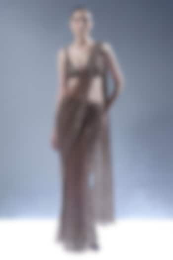 Gunmetal Tulle Sequins Embellished Pre-Draped Bridal Saree Set by Rohit Gandhi & Rahul Khanna at Pernia's Pop Up Shop
