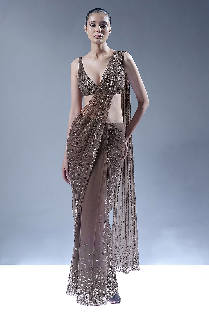 Gunmetal Tulle Sequins Embellished Pre-Draped Bridal Saree Set by Rohit Gandhi & Rahul Khanna at Pernia's Pop Up Shop