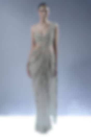 Ecru Tulle Sequins Embellished Pre-Draped Bridal Saree Set by Rohit Gandhi & Rahul Khanna at Pernia's Pop Up Shop