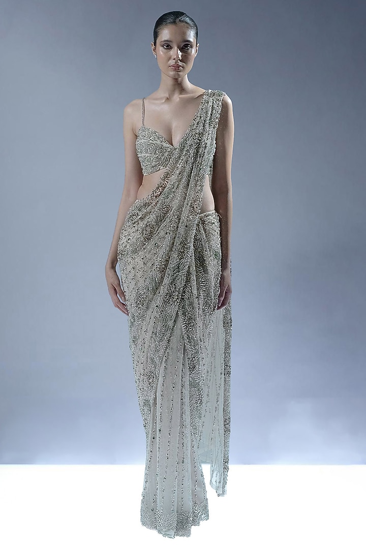 Ecru Tulle Sequins Embellished Pre-Draped Bridal Saree Set by Rohit Gandhi & Rahul Khanna at Pernia's Pop Up Shop