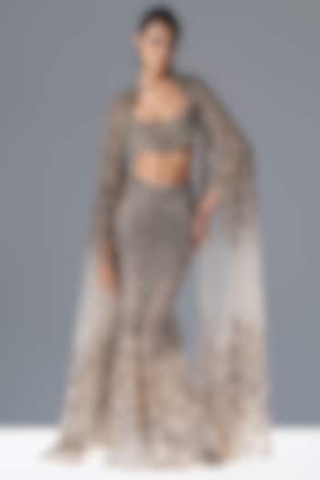 Dove Grey Tulle Crystal Motifs Embroidered Bridal Lehenga Set by Rohit Gandhi & Rahul Khanna at Pernia's Pop Up Shop