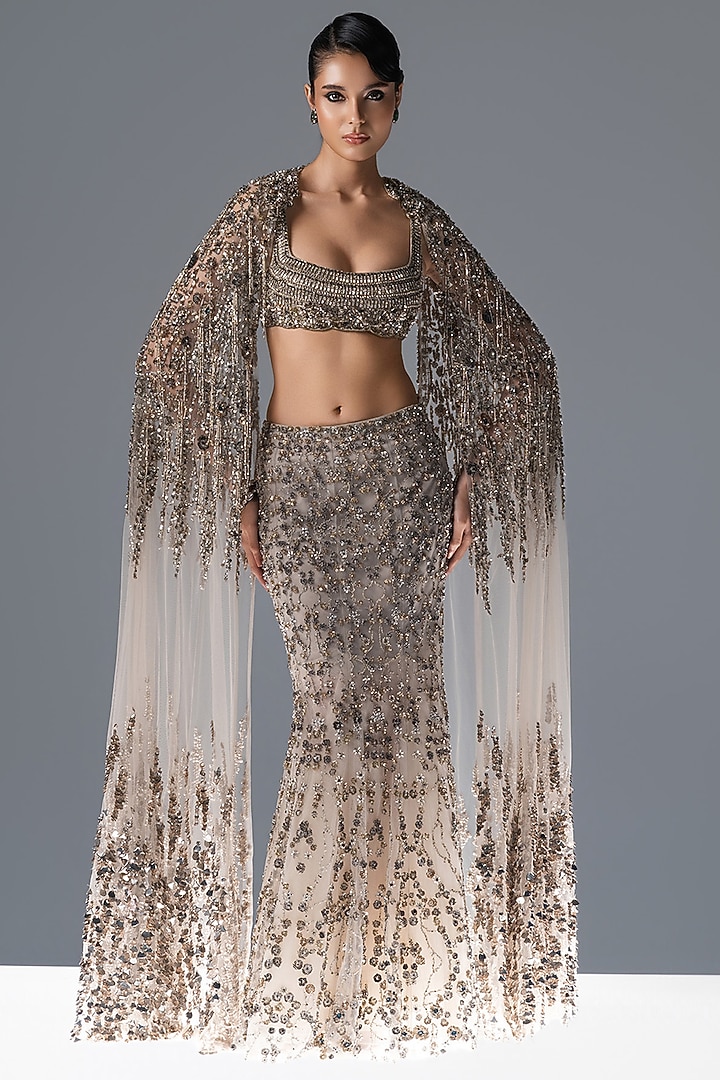 Champagne Tulle Crystal Embroidered Bridal Lehenga Set by Rohit Gandhi & Rahul Khanna at Pernia's Pop Up Shop