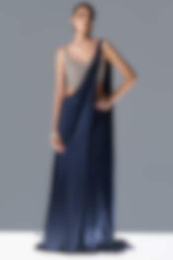 Midnight Blue Satin & Tulle Draped Reception Saree Set by Rohit Gandhi & Rahul Khanna at Pernia's Pop Up Shop