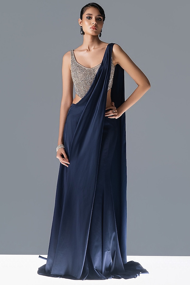 Midnight Blue Satin & Tulle Draped Reception Saree Set by Rohit Gandhi & Rahul Khanna at Pernia's Pop Up Shop