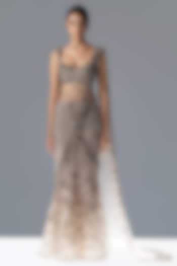 Dove Grey Tulle Crystal Motifs Embroidered Bridal Lehenga Saree Set by Rohit Gandhi & Rahul Khanna at Pernia's Pop Up Shop