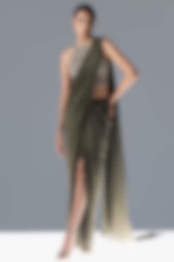 Sap Green Silk Draped Bridal Saree Set by Rohit Gandhi & Rahul Khanna at Pernia's Pop Up Shop
