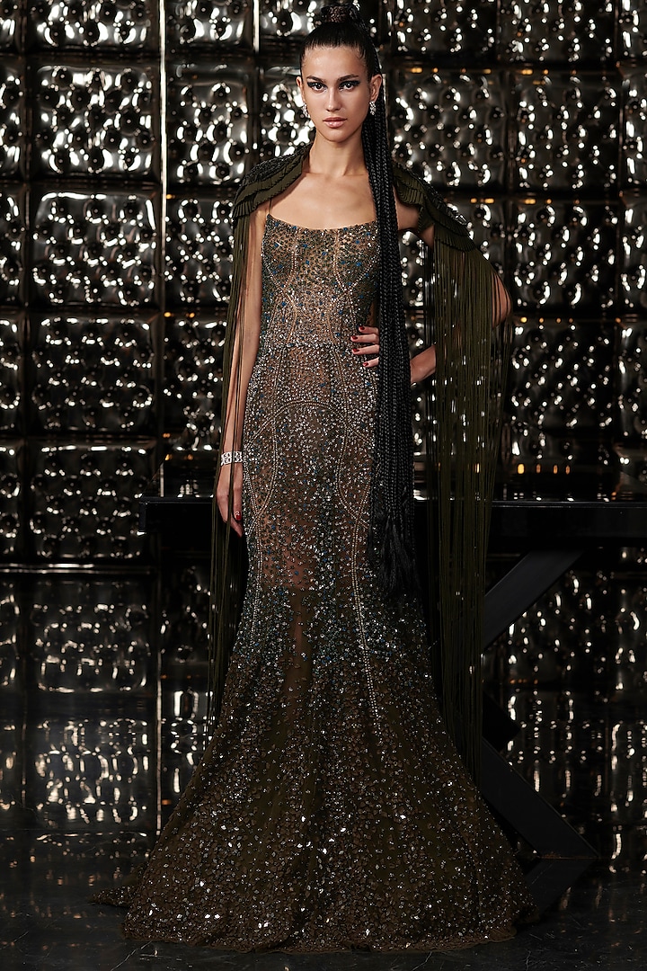 Seaweed Olive Embroidered Gown With Cape by Rohit Gandhi & Rahul Khanna