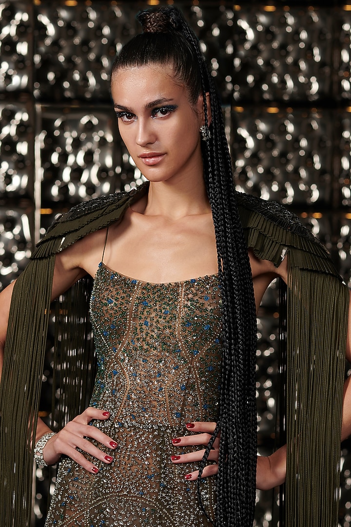 Seaweed Olive Embroidered Bridal Gown With Cape by Rohit Gandhi & Rahul Khanna at Pernia's Pop Up Shop