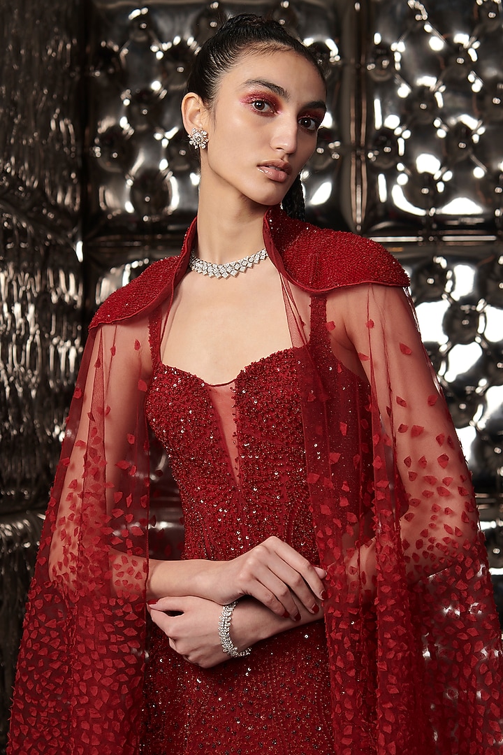 Ruby Berry Tulle Viscose Embroidered Ombre Bridal Gown by Rohit Gandhi & Rahul Khanna at Pernia's Pop Up Shop