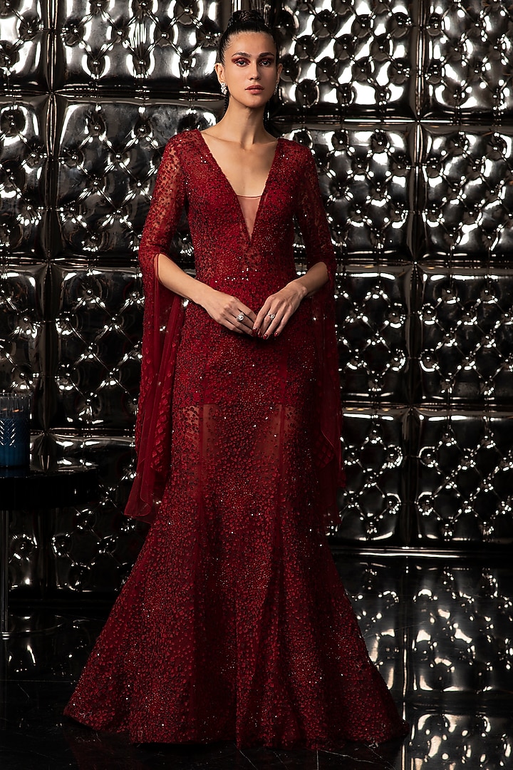 Ruby Red Embroidered Gown by Rohit Gandhi & Rahul Khanna