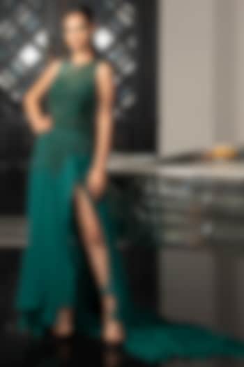 Emerald Green Embellished Layered Gown by Rohit Gandhi & Rahul Khanna