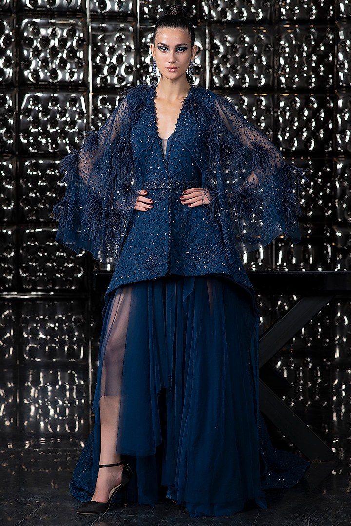 Galaxy Blue Gown With Beaded Jacket by Rohit Gandhi & Rahul Khanna