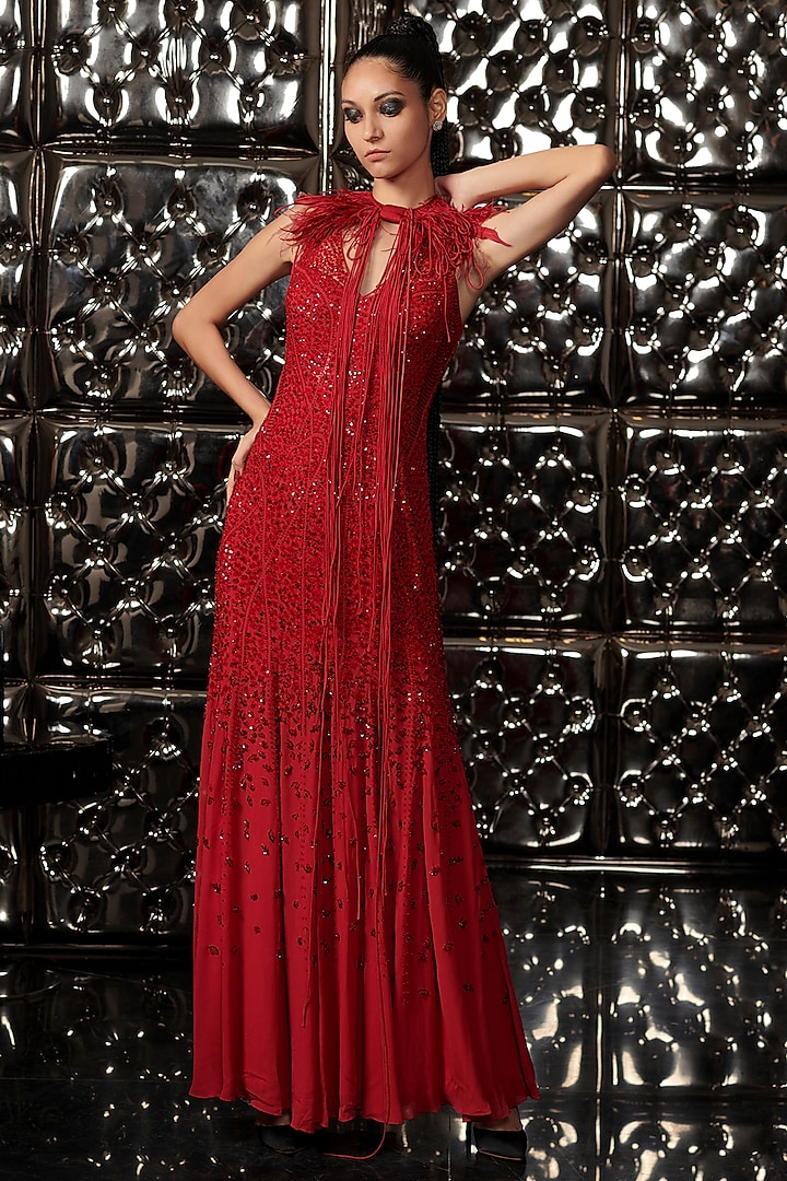 Claret Red Embroidered Gown With Cape by Rohit Gandhi & Rahul Khanna