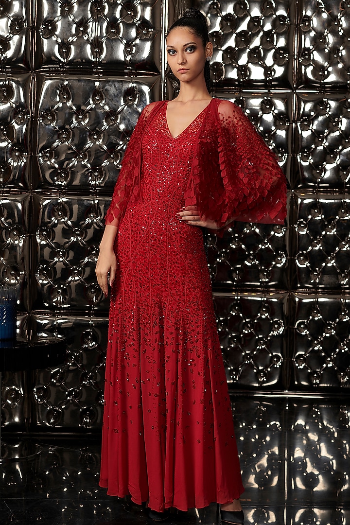 Claret Red Embroidered Gown With Fringed Cape by Rohit Gandhi & Rahul Khanna