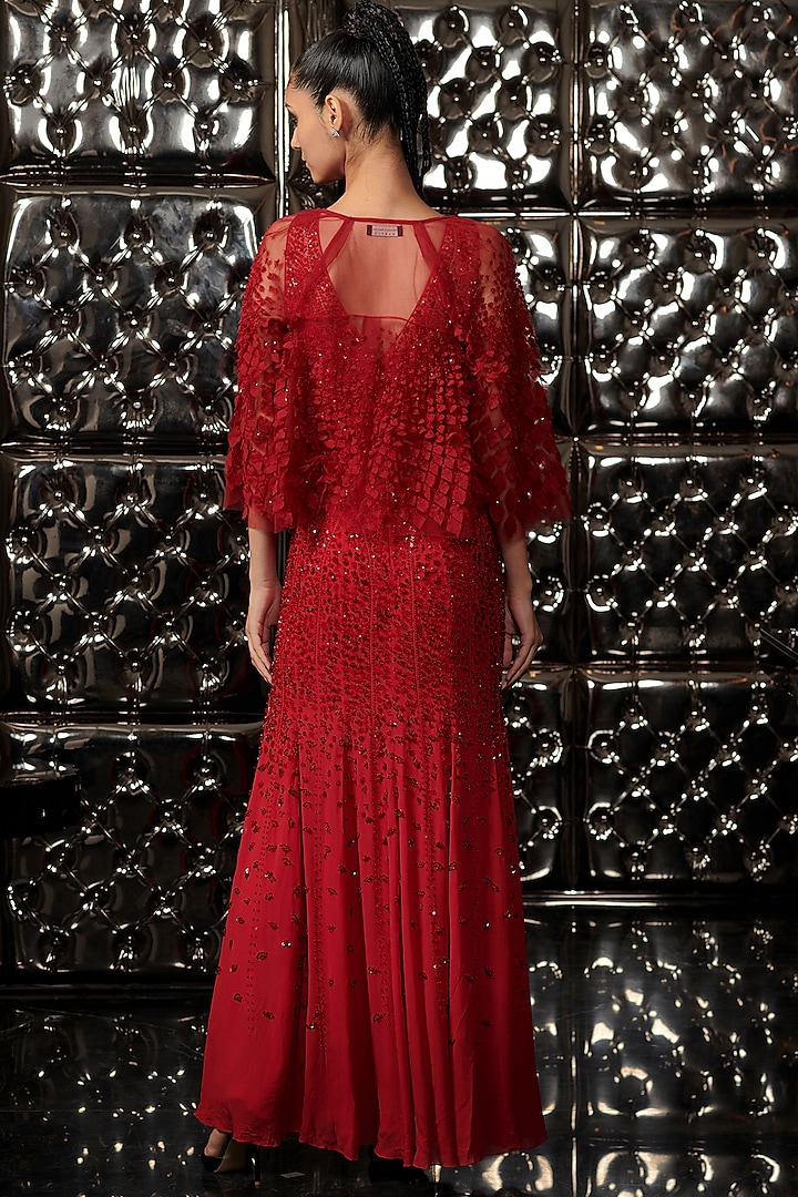 Claret Red Embroidered Wedding Gown With Fringed Cape by Rohit Gandhi & Rahul Khanna at Pernia's Pop Up Shop