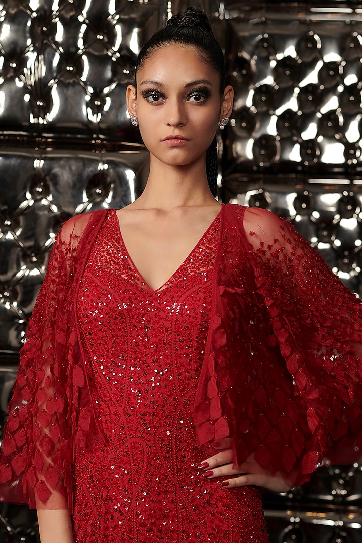 Claret Red Embroidered Wedding Gown With Fringed Cape by Rohit Gandhi & Rahul Khanna at Pernia's Pop Up Shop
