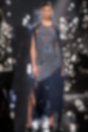 Blue Tulle Embellished Asymmetric Fringed Party Wear Dress by Rohit Gandhi & Rahul Khanna at Pernia's Pop Up Shop