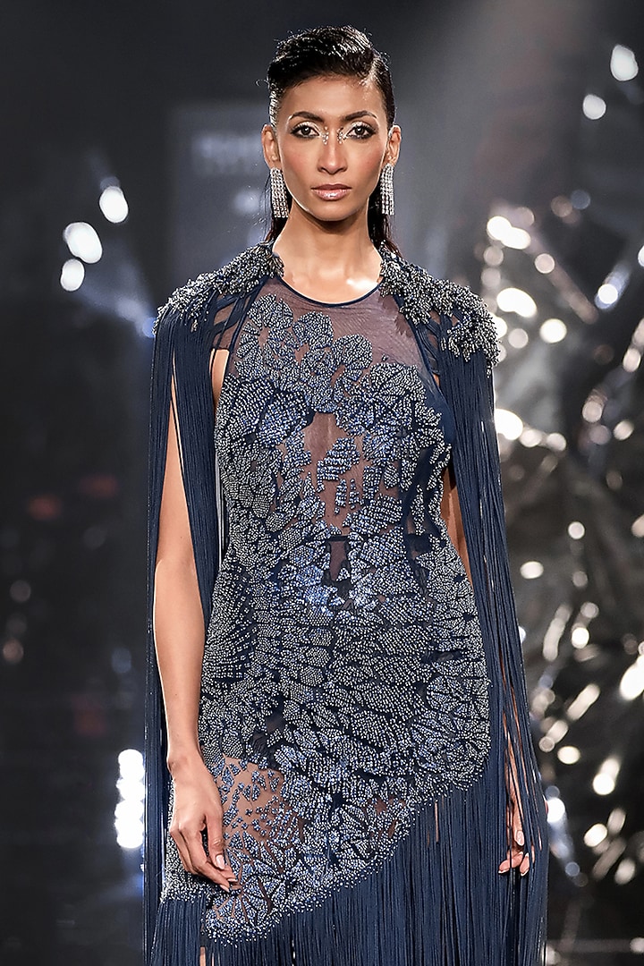 Blue Tulle Embellished Asymmetric Fringed Party Wear Dress by Rohit Gandhi & Rahul Khanna at Pernia's Pop Up Shop