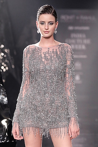 Rose Steel Tulle Fringed Dress by Rohit Gandhi & Rahul Khanna