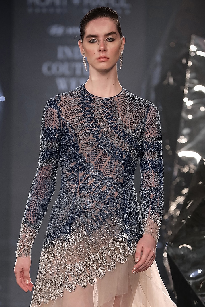Electric Blue & Sandstone Sequins Embroidered Asymmetric Ombre Party Wear Dress by Rohit Gandhi & Rahul Khanna at Pernia's Pop Up Shop