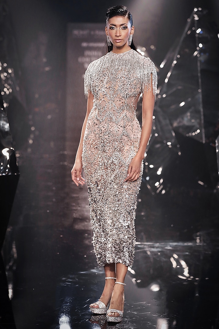 Sandstone Tulle Sequins Hand Embellished Party Wear Dress by Rohit Gandhi & Rahul Khanna at Pernia's Pop Up Shop