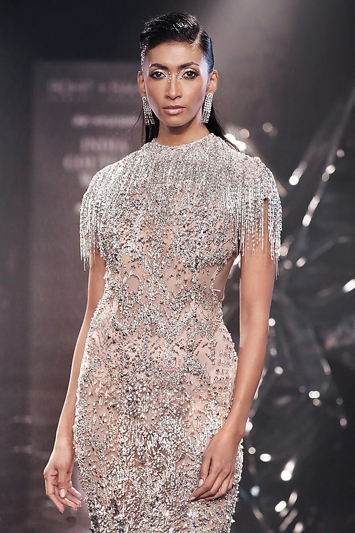Sandstone Tulle Sequins Hand Embellished Party Wear Dress by Rohit Gandhi & Rahul Khanna at Pernia's Pop Up Shop