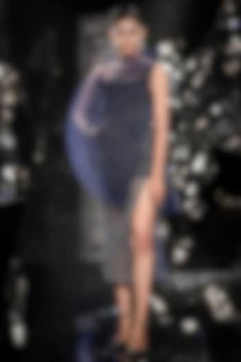 Pacific Blue Satin & Tulle Embellished Sculpted Party Wear Dress by Rohit Gandhi & Rahul Khanna at Pernia's Pop Up Shop