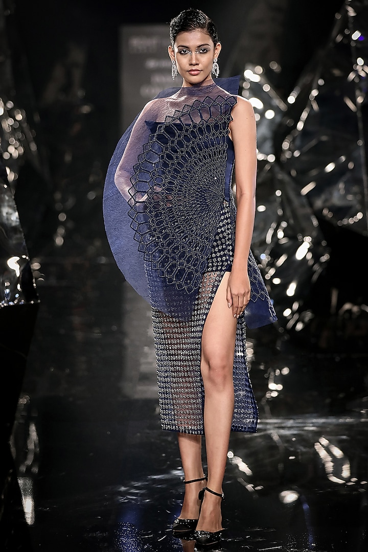 Pacific Blue Satin & Tulle Embellished Sculpted Party Wear Dress by Rohit Gandhi & Rahul Khanna at Pernia's Pop Up Shop