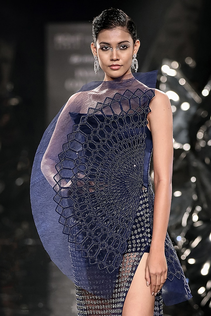 Pacific Blue Satin & Tulle Embellished Sculpted Party Wear Dress by Rohit Gandhi & Rahul Khanna at Pernia's Pop Up Shop