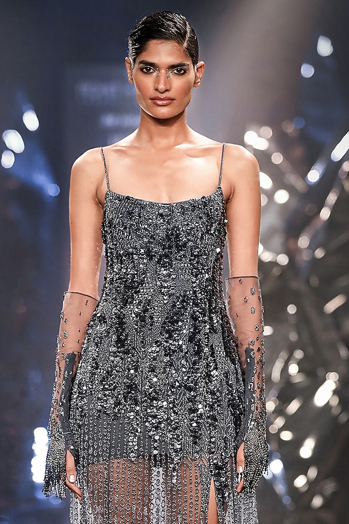 Slate Blue Silk Tulle Sequins Bridal Gown by Rohit Gandhi & Rahul Khanna at Pernia's Pop Up Shop