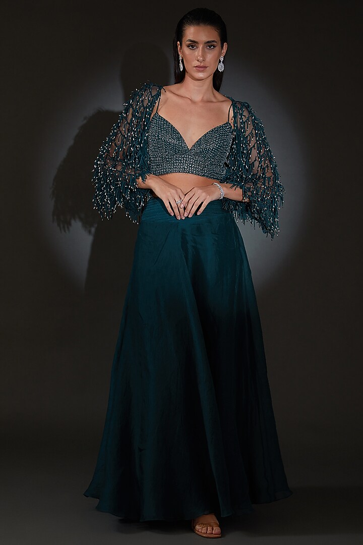 Teal Viscose Crystal Embellished Jacket Bridal Lehenga Set by Rohit Gandhi & Rahul Khanna at Pernia's Pop Up Shop