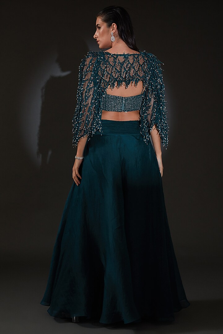 Teal Viscose Crystal Embellished Jacket Bridal Lehenga Set by Rohit Gandhi & Rahul Khanna at Pernia's Pop Up Shop