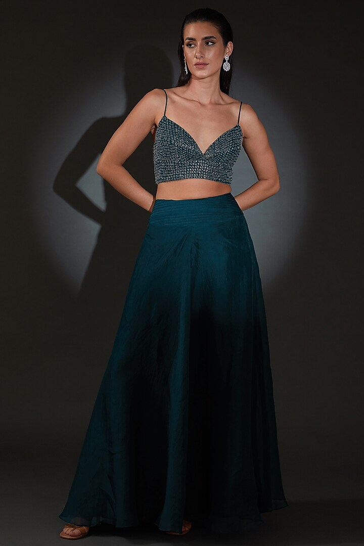 Teal Viscose Crystal Embellished Jacket Bridal Lehenga Set by Rohit Gandhi & Rahul Khanna at Pernia's Pop Up Shop