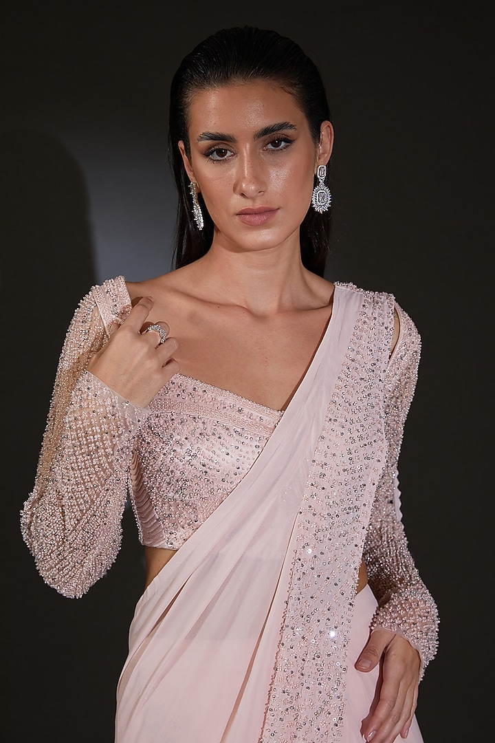 Nude Pink Silk Georgette Metallic Embroidered Draped Bridal Saree Set by Rohit Gandhi & Rahul Khanna at Pernia's Pop Up Shop