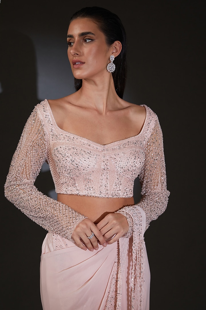 Nude Pink Silk Georgette Metallic Embroidered Draped Bridal Saree Set by Rohit Gandhi & Rahul Khanna at Pernia's Pop Up Shop
