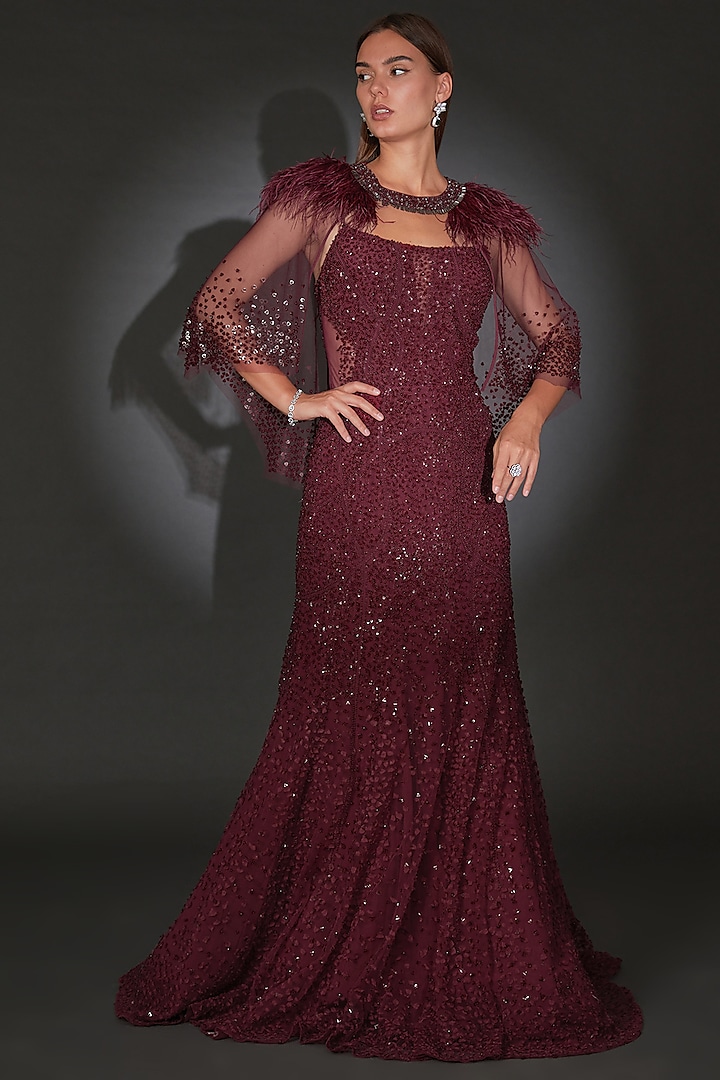 Maroon Tulle Embellished Gown by Rohit Gandhi & Rahul Khanna