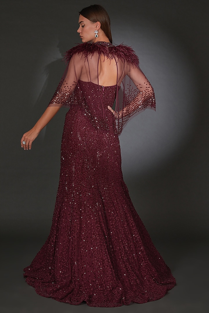 Maroon Tulle Embellished Bridal Gown by Rohit Gandhi & Rahul Khanna at Pernia's Pop Up Shop