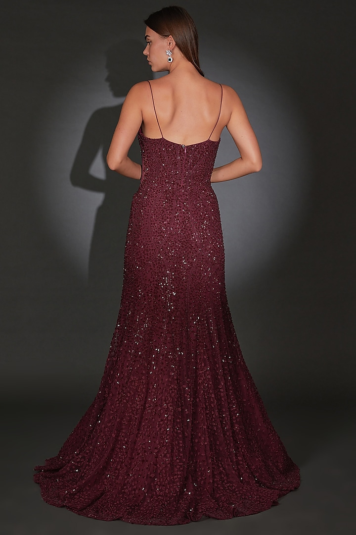 Maroon Tulle Embellished Bridal Gown by Rohit Gandhi & Rahul Khanna at Pernia's Pop Up Shop