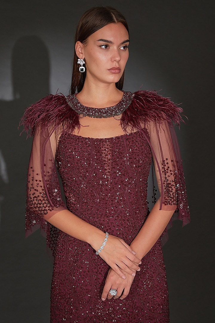 Maroon Tulle Embellished Bridal Gown by Rohit Gandhi & Rahul Khanna at Pernia's Pop Up Shop
